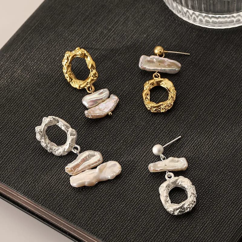 Classic Retro Asymmetric Special-shaped Freshwater Pearl Tassel Earrings, High-end Lava Texture Earrings for Women Jewelry Gift