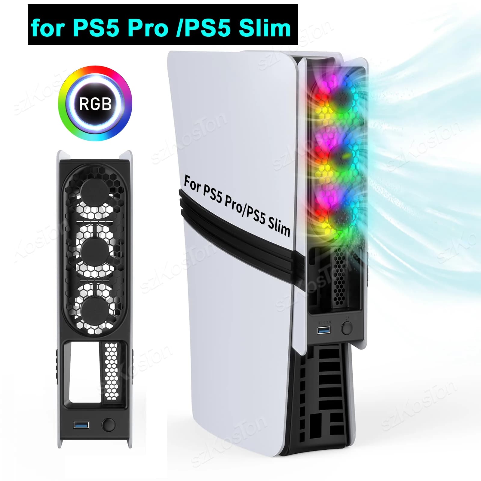 Ventola di raffreddamento per console di gioco PS5 Pro/PS5 Slim con porta USB e disco di supporto luce RGB e edizione digitale per accessori da gioco