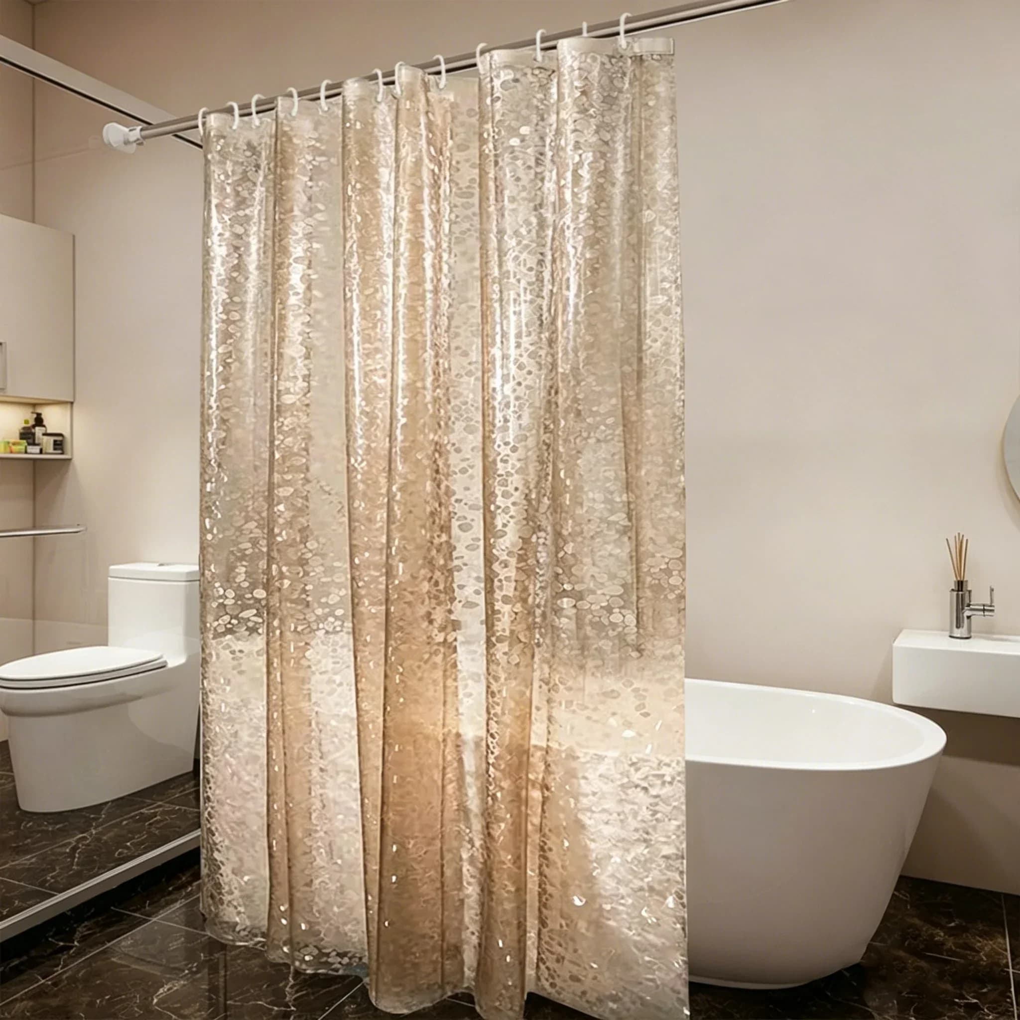 Tenda da doccia impermeabile in PEVA marrone con rivestimento a grana sabbiosa, magneti inferiori resistenti e occhielli antiruggine per l'arredamento del bagno