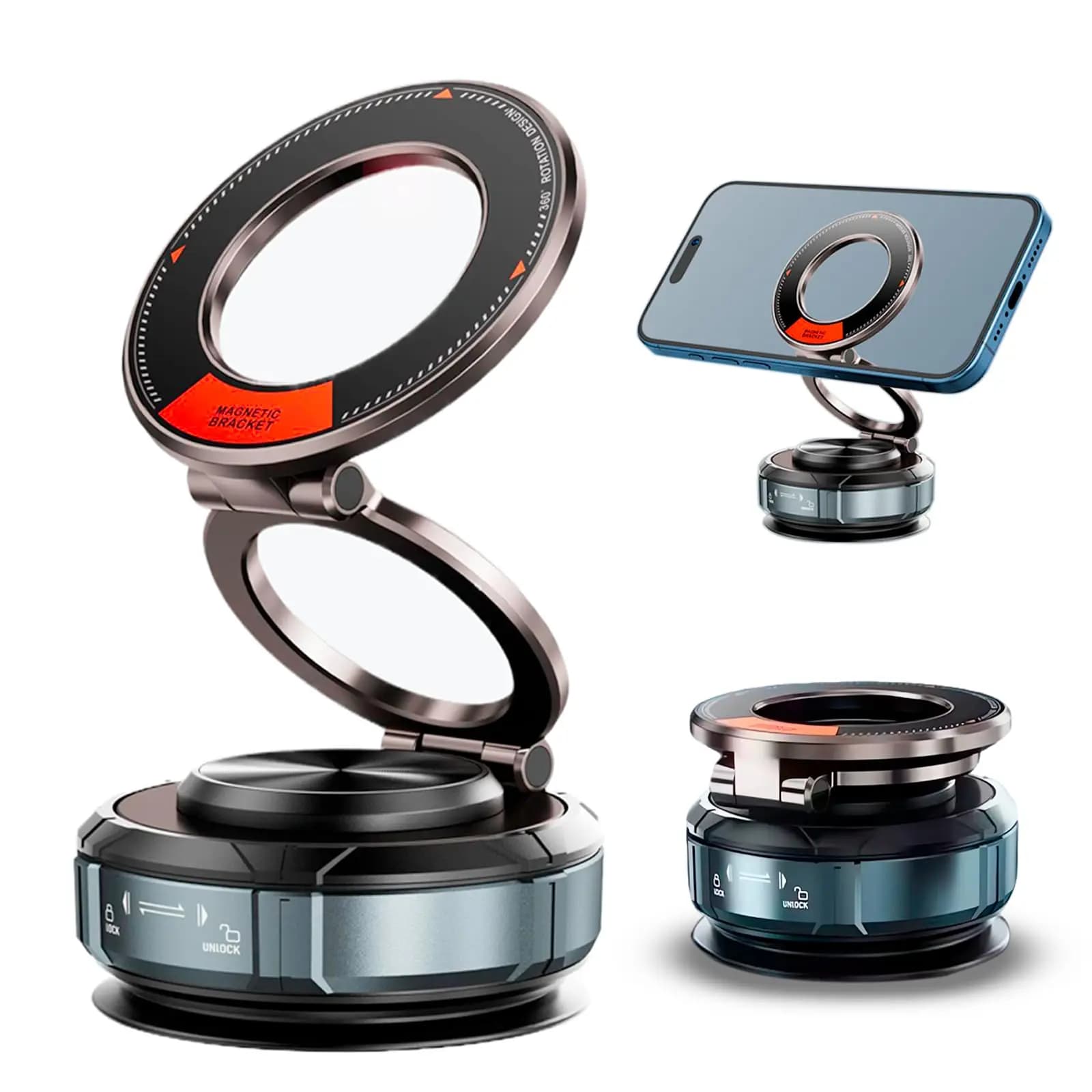 Supporto magnetico per telefono per auto sottovuoto, rotazione a 360 gradi e pieghevole, adatto per schermi per auto, desktop