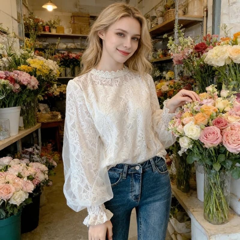 Nuova Camicetta Elegante da Donna in Pizzo a Rete con Maniche a Lanterna, Collo Tondo, Semi-Trasparente, Bianca e Traforata