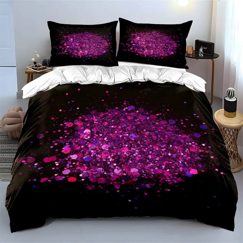 Set di Biancheria da Letto con Glitter Viola, Tre Pezzi, con 1 Copripiumino e 2 Federe, Singolo, Matrimoniale, King, Queen, Idea Regalo