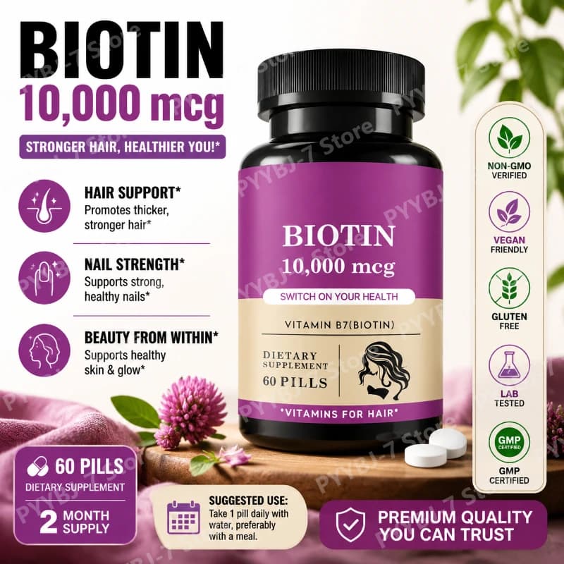 Integratore Alimentare Premium per la Cura dei Capelli con Biotina, 60 Compresse, Vitamina B7 per la Crescita dei Capelli, Unghie Forti e Pelle Radiosa