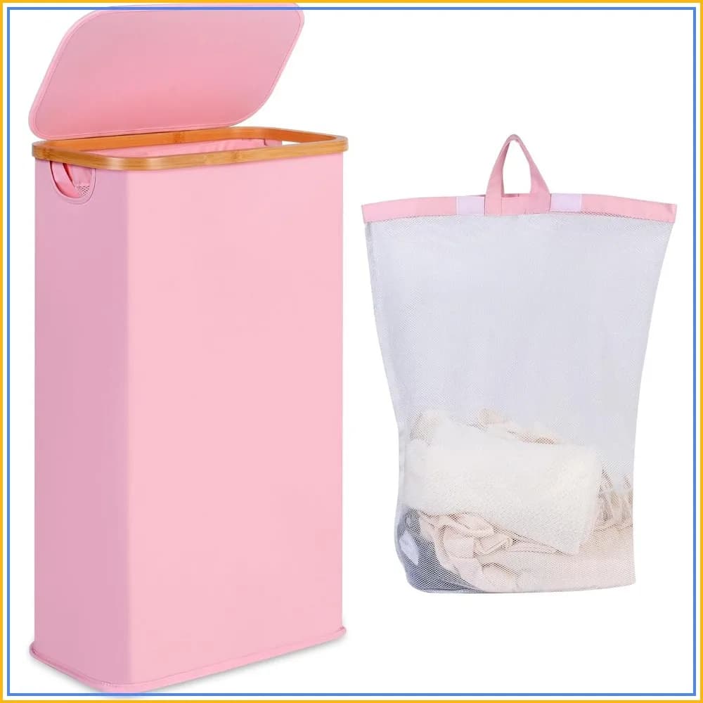 65L Slim Laundry Hamper with Lid, Foldable Clothes Basket with Bamboo Handles, Removable Inner Bag for Laundry Room Bedroom Dorm, 17.17 Gals