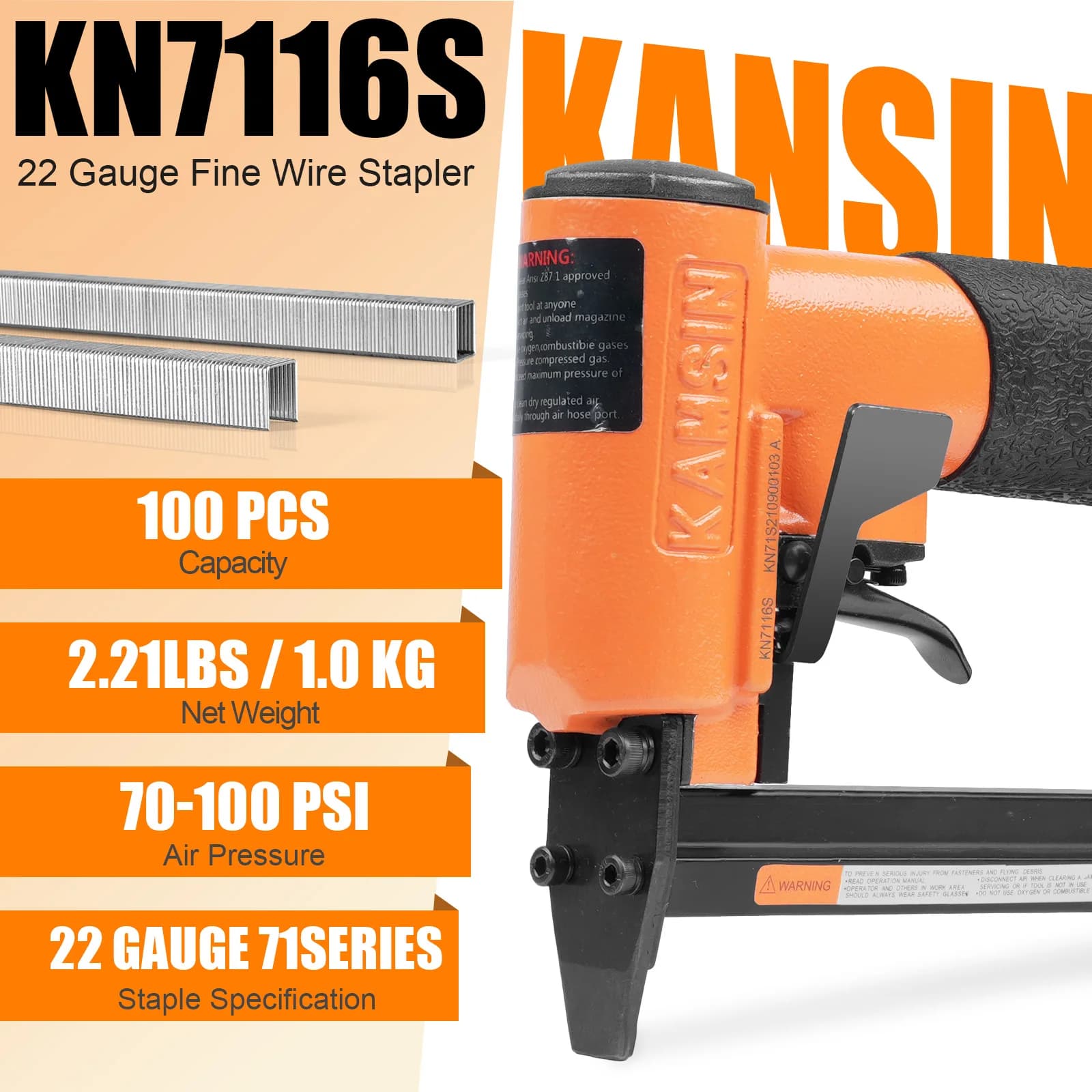 Graffettatrice Pneumatica KN7116S22 per Tappezzeria a Sparo Continuo, Corona da 3/8 Pollici, Lunghezza Gambo da 1/4 a 5/8 Pollici, Graffettatrice a Filo Fine
