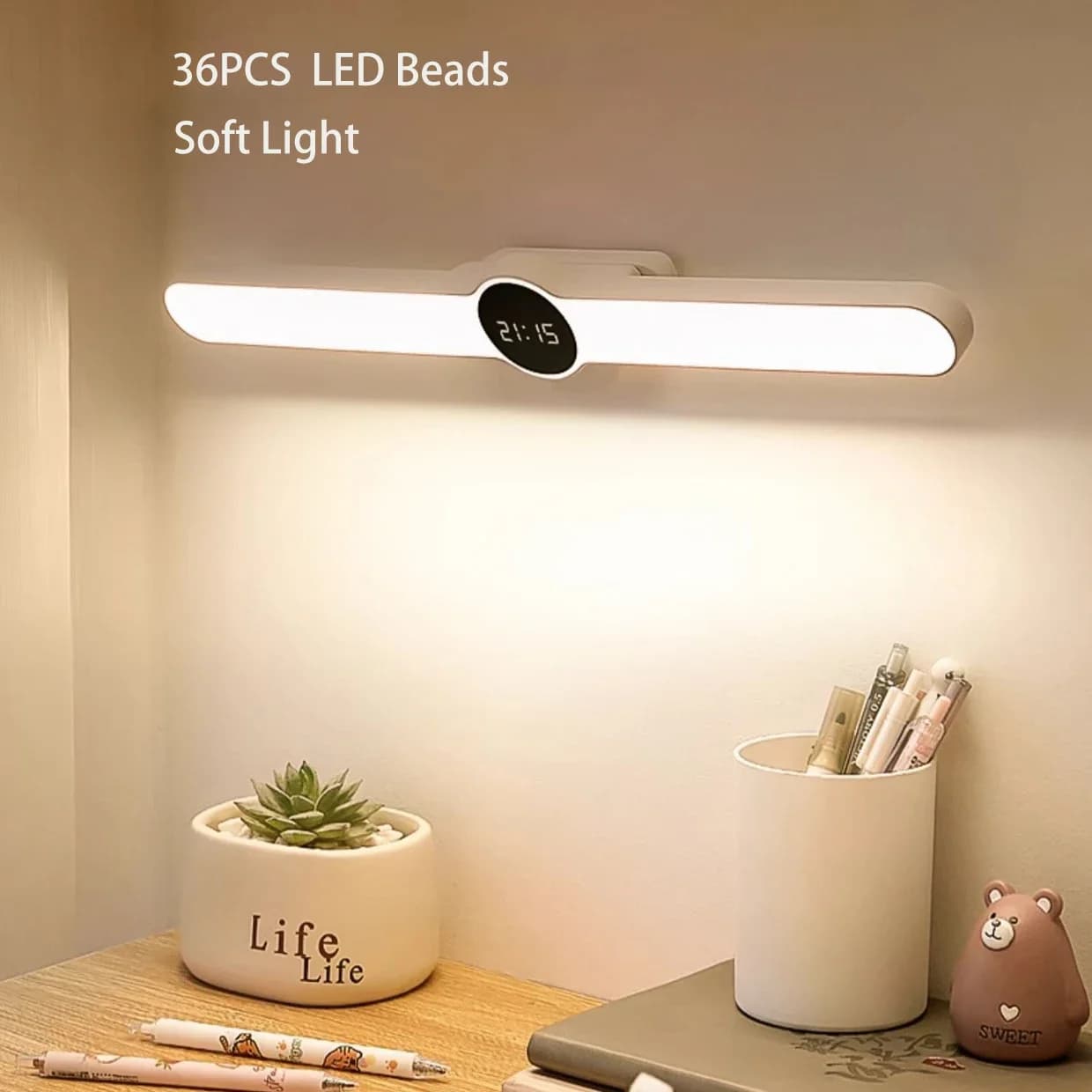 Magnetic LED Wall Lamp with Digital Clock Dimmable 3 Color Temperatures Rechargeable USB Charging Reading Light Rotatable Eye Pr