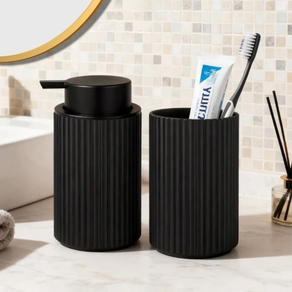 2pcs Set Foaming Soap Dispenser Set with Toothbrush Holder Silicone Tray Modern Black Foaming Dispenser Bottle for Hands Dishes