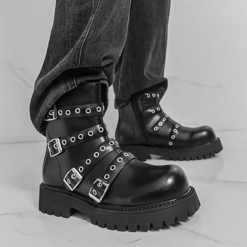 Men High Top Boots PU Belt Buckle Decoration Trendy Motorcycle Boots Classic Comfortable Men Boots Sizes 38-46