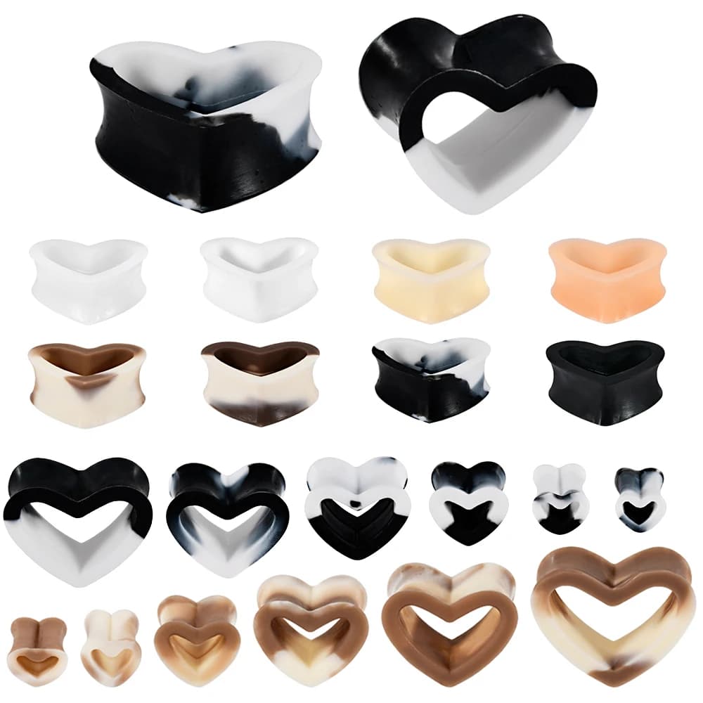 8-12 paia pieghevole in silicone cuore tunnel orecchio e tappi carne nero bianco svasato orecchio espansore rinforzato orecchio peso orecchini