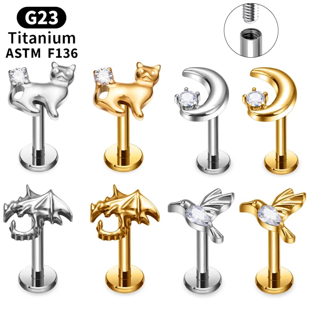G23 Titanio 16G Lip Stud Luna Cane Uccello CZ Design Helix Trago Daith Cartilagine Labret Orecchini Penetranti Filo Interno Gioielli