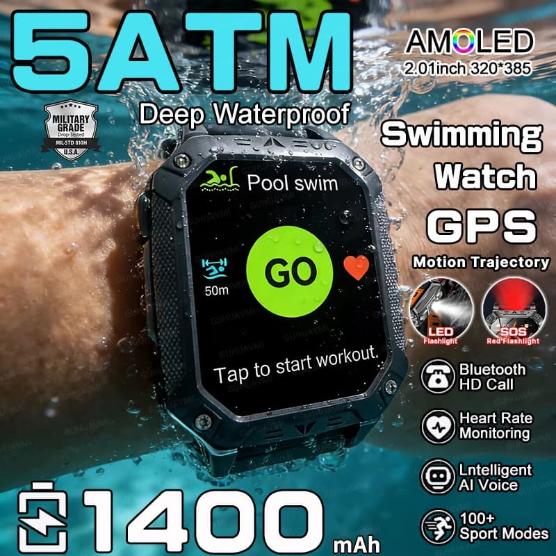 Smartwatch TANK 2026 con Batteria Militare da 1400mAh, Impermeabile 5ATM, Torcia LED, SOS, Cardiofrequenzimetro, Chiamate HD, Orologio Sportivo da Uomo