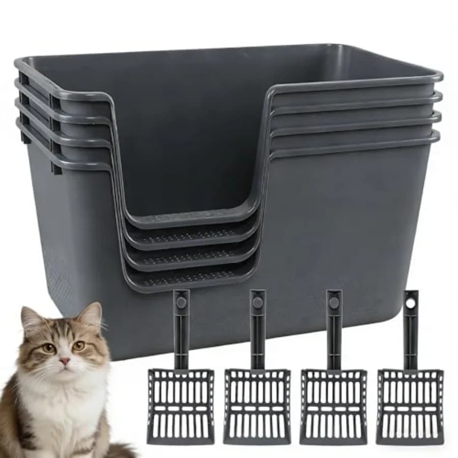 4 Pack Large Open Top Cat Litter Box with High Sides, 24.56 x 15.11 x 12.71 Multi Cat Litter Pan for Kitty, Gray