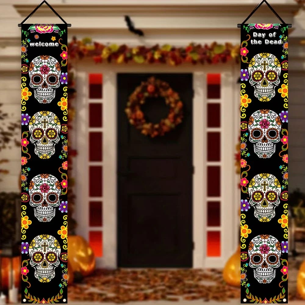 Day of the Dead Skull and Floral Curtain - Polyester Party Decoration, Halloween Home Flag