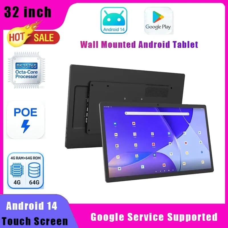 Tablet Android POE da Parete 32 Pollici con Schermo Touch, CPU 8-core, Google Play, Wi-Fi 6, Bluetooth