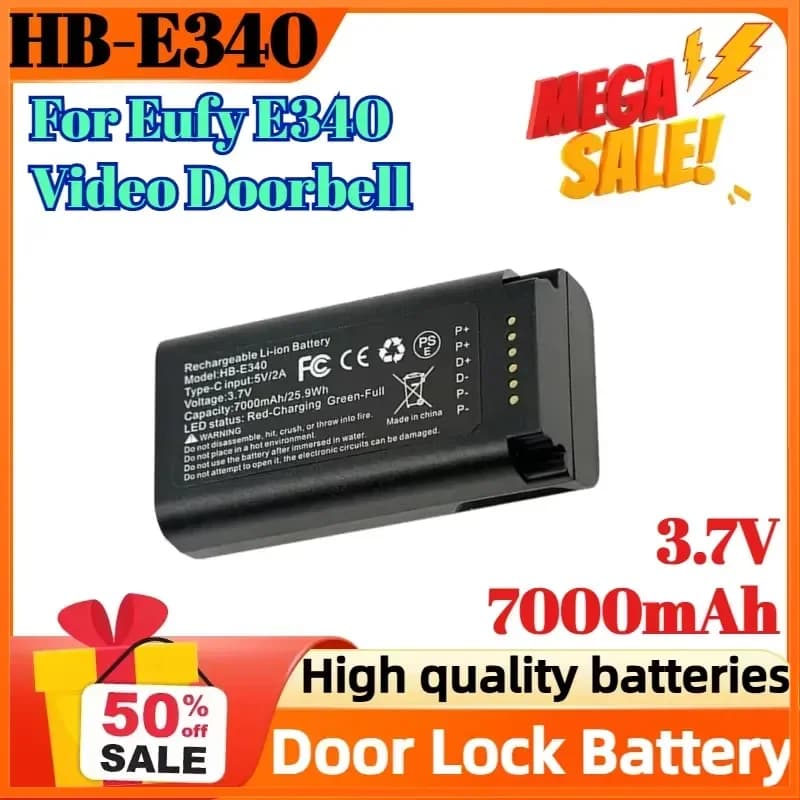 HB-E340 3.7V 7000mAh Door Lock Battery for Eufy E340 Video Doorbell Rechargeable Lithium-ion Battery
