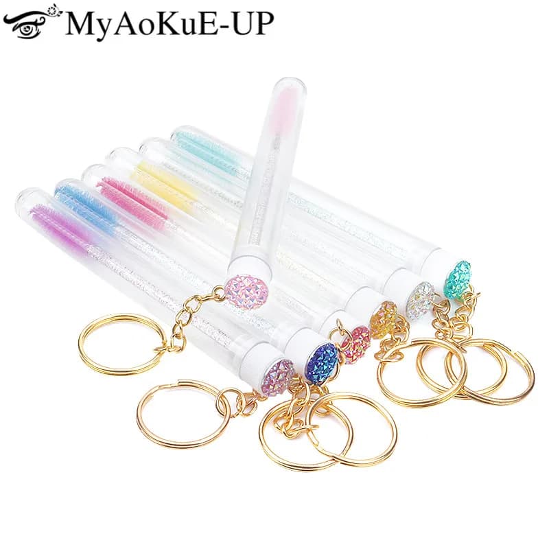 20/50/100pcs Eyelash Brush with Gold Keychain Strass Mascara Stick Microbrush Applicator for Eyelash Extension Eyebrow Combs
