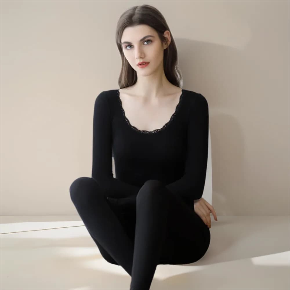 Set intimo termico donna abbigliamento invernale 29% cotone pizzo sottile sottile manica lunga top caldi leggings canottiera intima termica