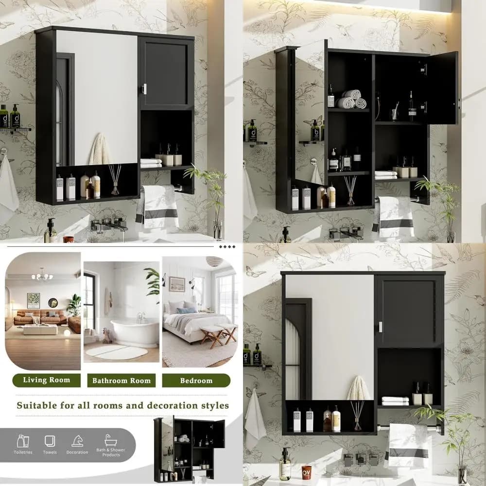 Mobiletto WC Salvaspazio con Specchio e Porta Asciugamani - Nero