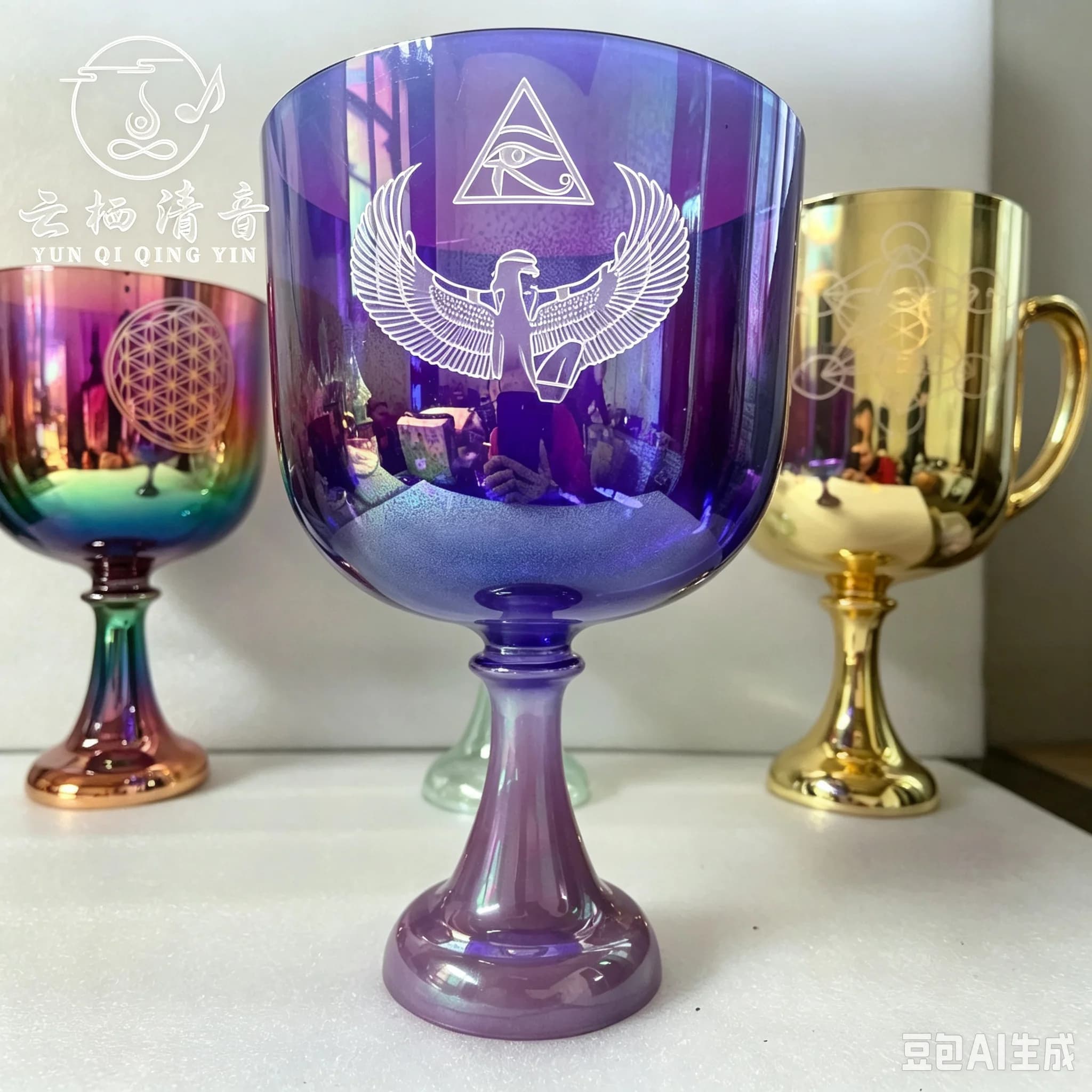 YUN QI QING YIN ISIS Engraved Cosmic Magic Color Crystal Singing Chalice 3rd Octave 432Hz A Note Third Eye & B Crown Chakra Sound Therapy Bowl For Yoga Meditation