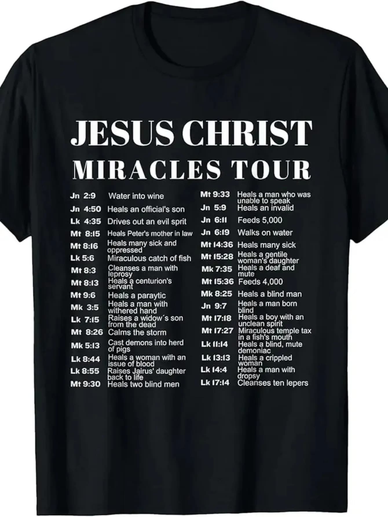 T-shirt stampata Jesus Christ Miracle Journey, T-shirt girocollo in cotone 100%, tessuto a maglia medio elasticizzato