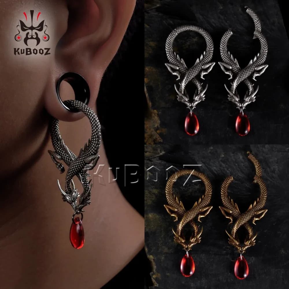 KUBOOZ Fashion Copper Double Dragon Earrings Weight Calibers Buckle Earrings Penetranti Jewels For Body Expander Barelle 3mm 2 PZ