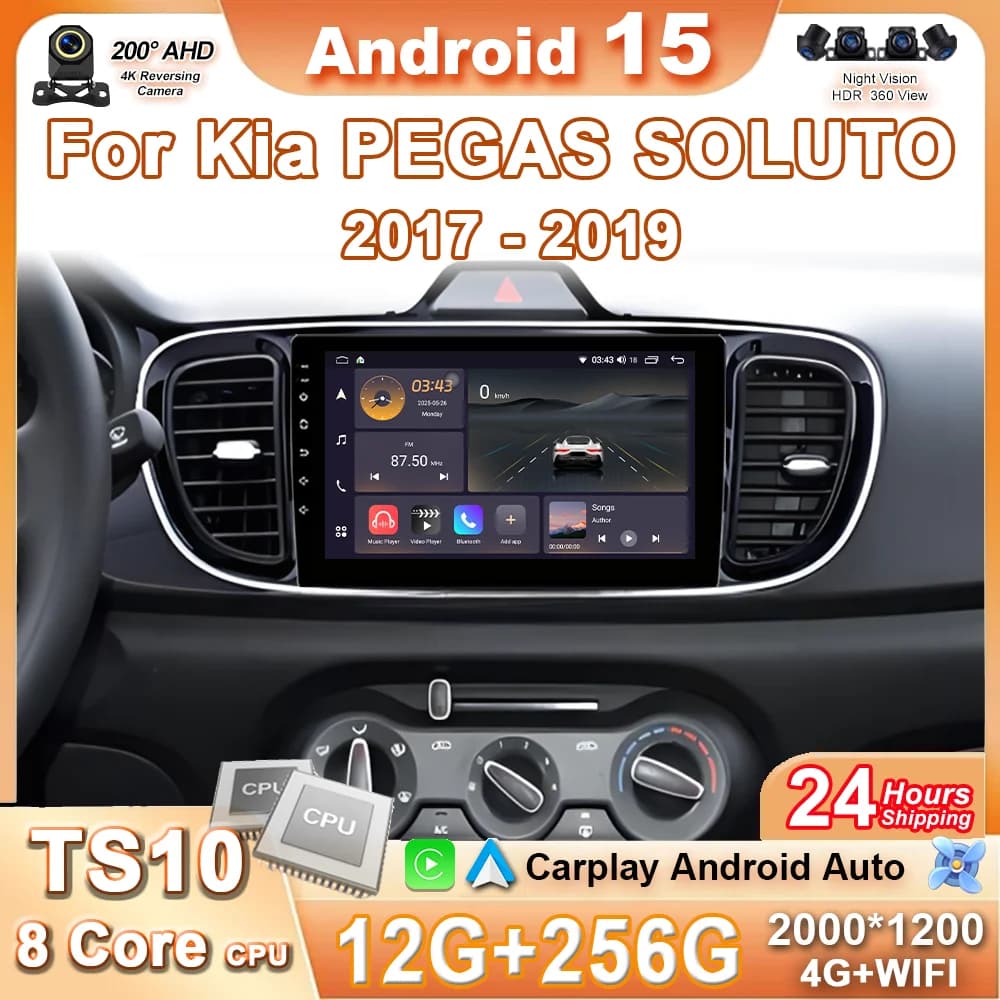Per Kia PEGAS SOLUTO 2017 - 2019 Carplay Android 15 Auto Radio lettore Video Multimediale Navigazione GPS No 2Din DVD WiFi 4G BT