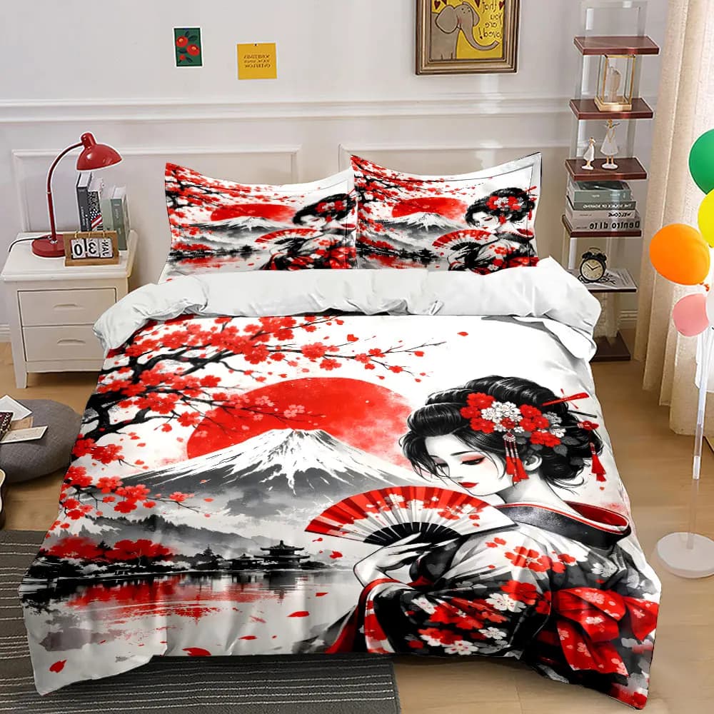 Set di biancheria da letto con stampa di una donna in kimono di fronte al Monte Fuji, 1 copripiumino, 2 federe per adulti e bambini, regalo di lusso, misura completa