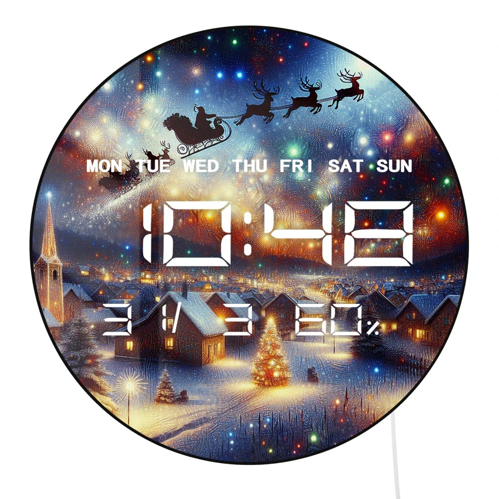 Orologio Digitale LED a Tema Babbo Natale che Vola Sopra il Villaggio, da Parete e da Tavolo, Decorazione Natalizia per la Casa, Orologio da Parete Elettronico con Grandi Numeri