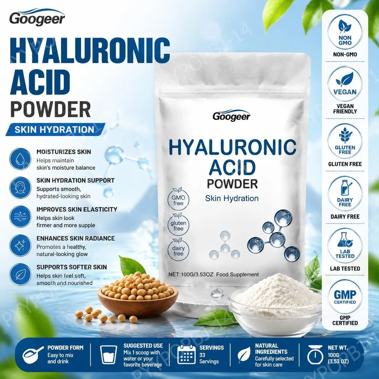 Googeer Skin Hydration Powder with Soy Protein Isolate, Glucose Syrup and Maltodextrin for Skin Softness and Moisturizing 100g