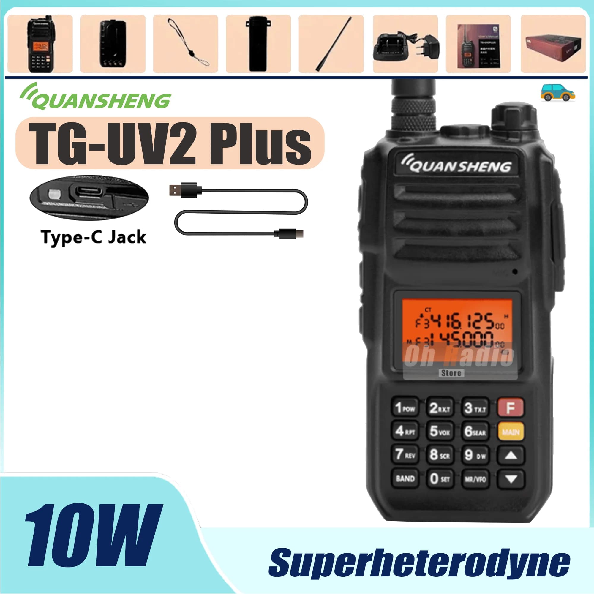 Quansheng TG-UV2 Plus 10W Walkie Talkie 4000mAh Tipo-C Ricarica Supereterodina UHF VHF Dual Band FM Schema portatile Radio bidirezionale