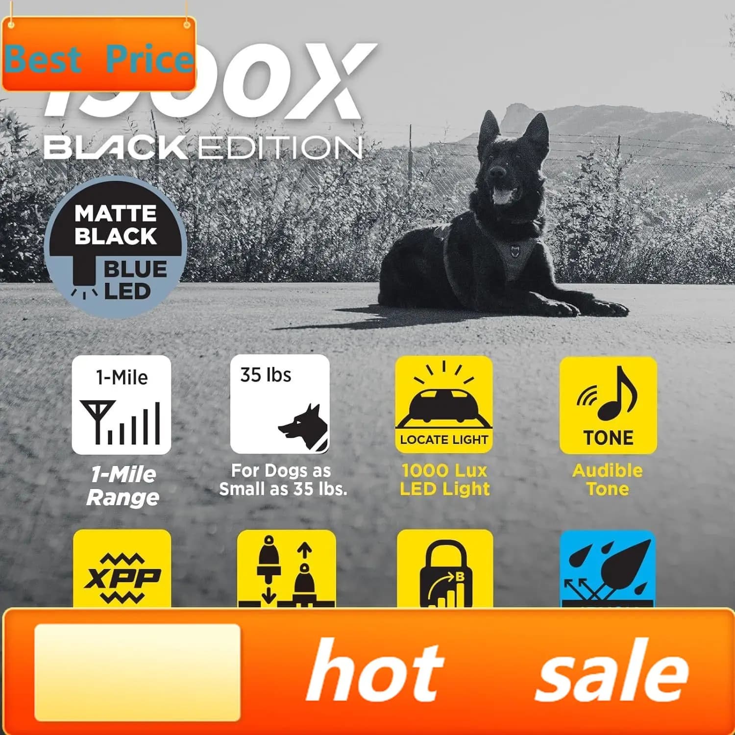 Collare Elettronico 1900X Black Edition - Portata 1 Miglio, per Cani da 45 libbre in su, Impermeabile IPX9K, 100 Livelli di Stimolazione, Vibrazione, Suono