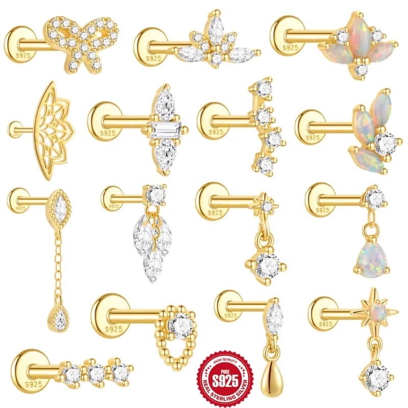 Sterling Silver Stud Earrings for Girls Women, 14K Gold Plated All Over Hypoallergenic CZ Simulated Diamond Opal Earrings Gifts