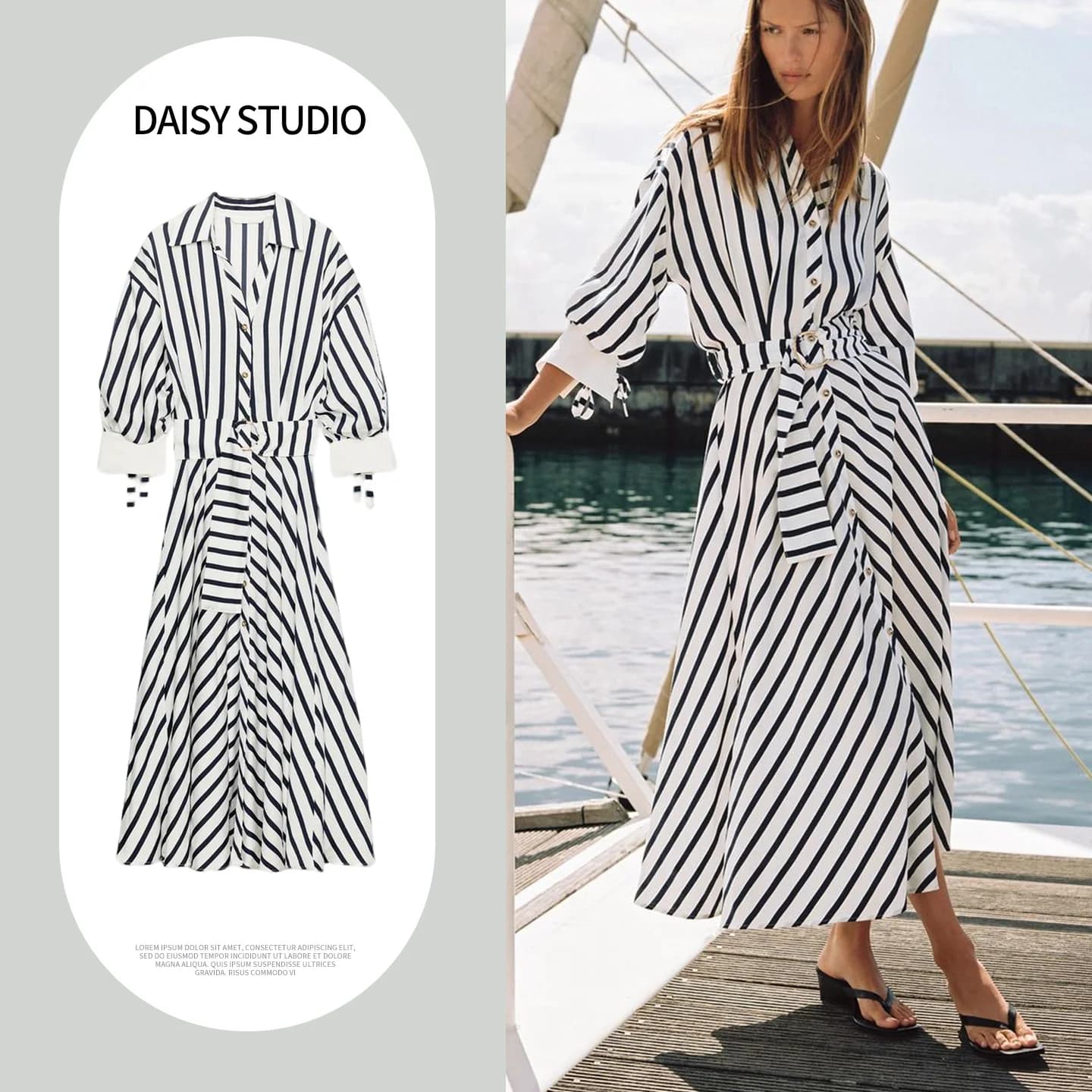 Summer New Arrival Women's Long Sleeve Turn-down Collar A-line Dress with Belt Casual Loose Fit Polyester Fiber Gown