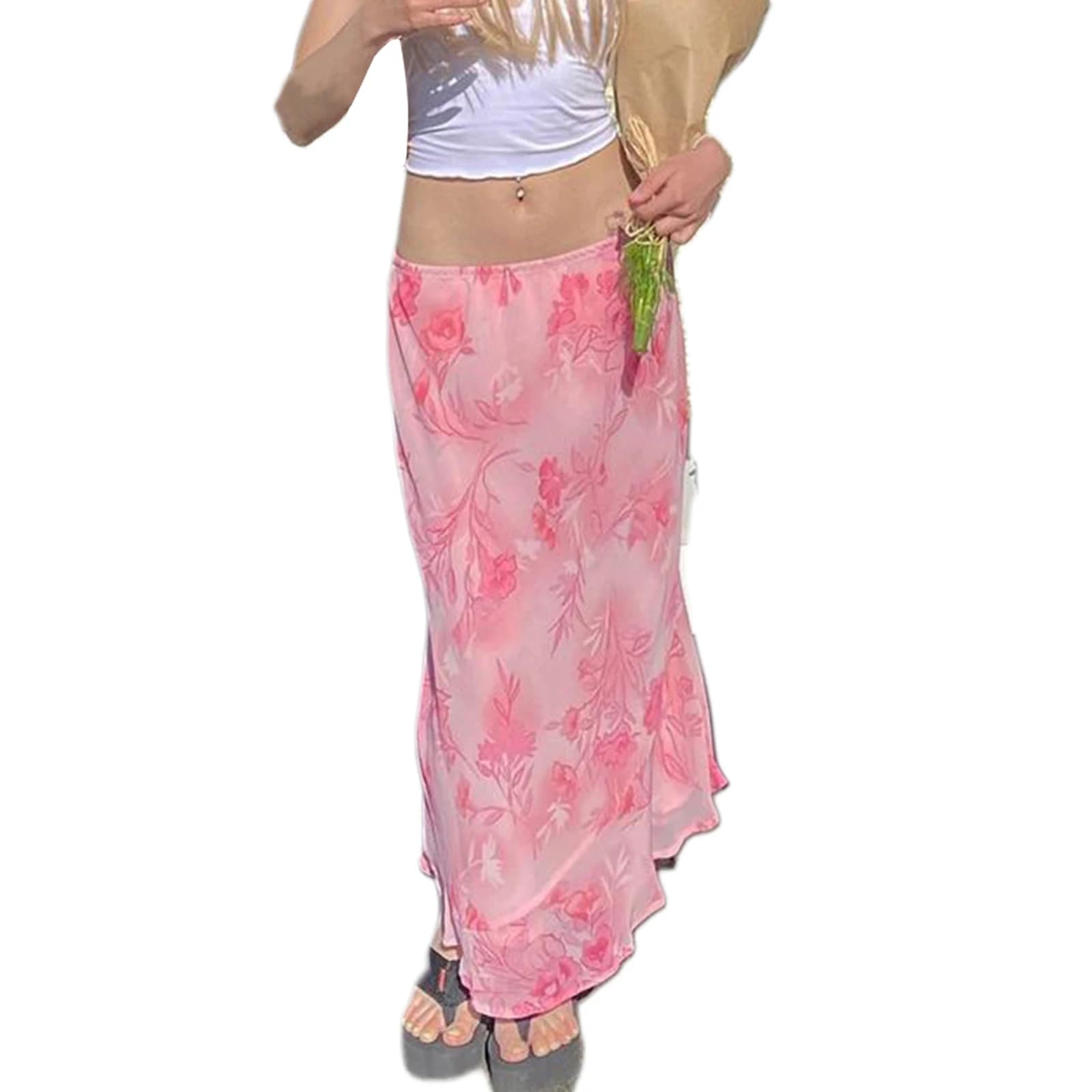 New Women Y2K Half Dress, Floral Straight Loose Slimming Low Waist Summer Fall Pink Flowing Skirt