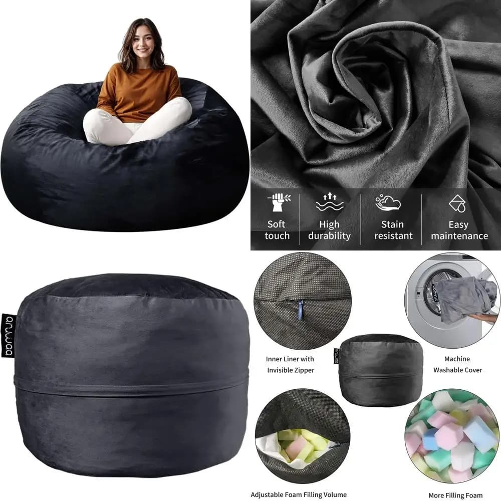 Poltrona a sacco in memory foam di grandi dimensioni per adulti: giochi, lettura, rilassamento, schiuma ad alto rimbalzo, copertura rimovibile, nera
