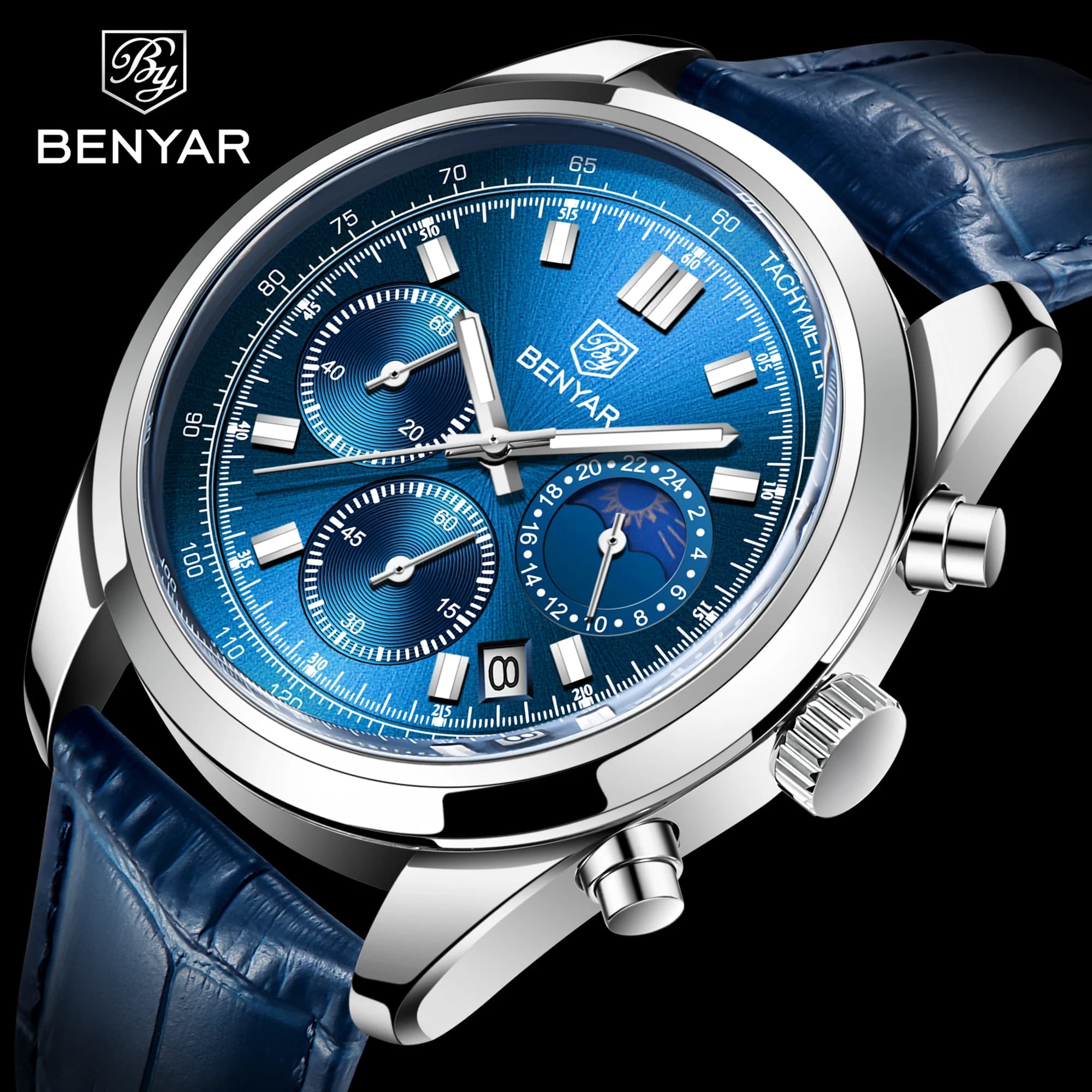 BENYAR New Men's Watch 30ATM Waterproof Stainless Steel Watches Powder Quartz Military Leather Chronograph Reloj Hombre Watch