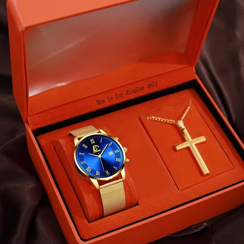 Set da 2 pezzi Orologi da calendario da uomo di moda Orologi da uomo di lusso da uomo d'affari con cintura in maglia dorata Orologio da polso con collana maschile