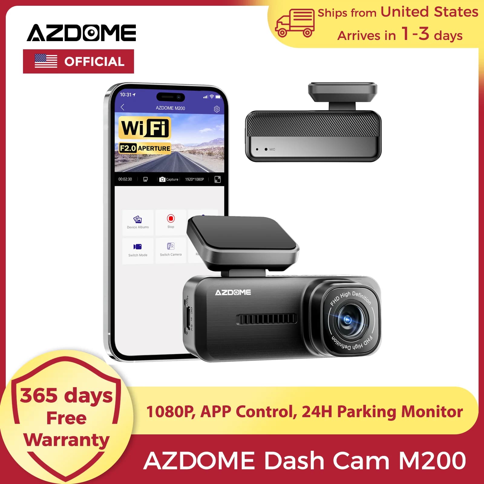 toMagazzini USAtoAZDOME Dash Cam M200 1080P with integrated Wi-Fi, App Control, Front Camera for Auto 150FOV F2.0, DVR Recorder for Car, Monitoring Parking 24H