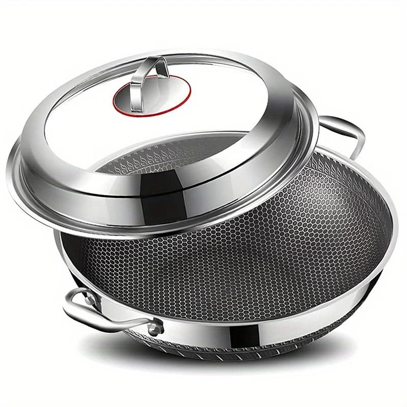 Pentola e padella in acciaio inossidabile 316 a doppio manico, doppio uso, 13,39 pollici (senza rivestimento, meno fumo, con coperchio) - Selezione per zuppa di Ringraziamento