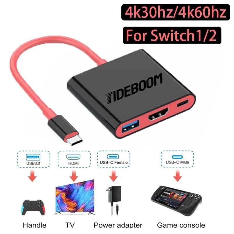Hub USB-C 3 in 1 4K/60Hz 4K/30Hz per Nintendo Switch con porta HDMI, ricarica PD 100W e porte USB 3.0, docking station portatile.