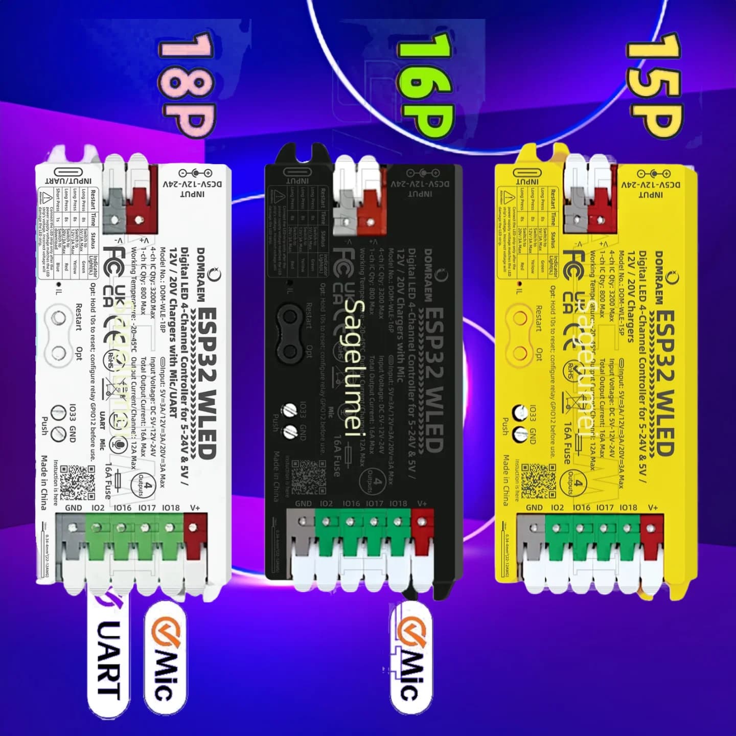 Controller LED digitale doppio PSU ESP32 WLED DOM-WLE-15P/16P/18P PD 5V/12V/20V con uscite 4CH per LED pixel WS2811/12B APA102