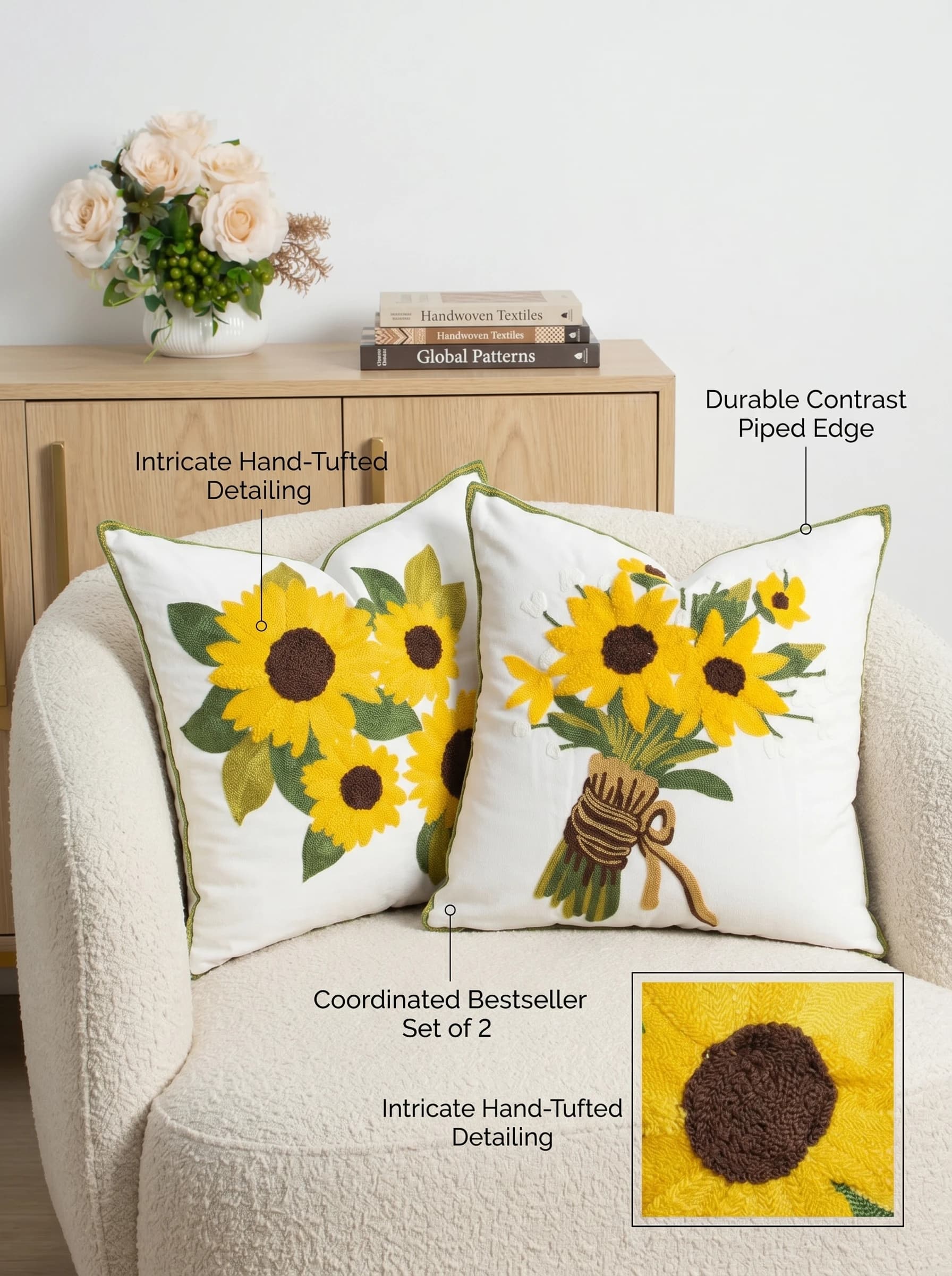Fodere per cuscini trapuntati 3D con girasoli | Fodere per cuscini bouquet testurizzate fatte a mano | Decorazioni Estetiche in Stile Fattoria per Divano e Camera da Letto