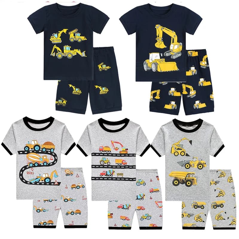 Little Hand Kids Excavator Printed Pyjamas Soft Short Sleeve Night Clothes Engineering Truck Pattern Summer Loungewear Set 2-7T