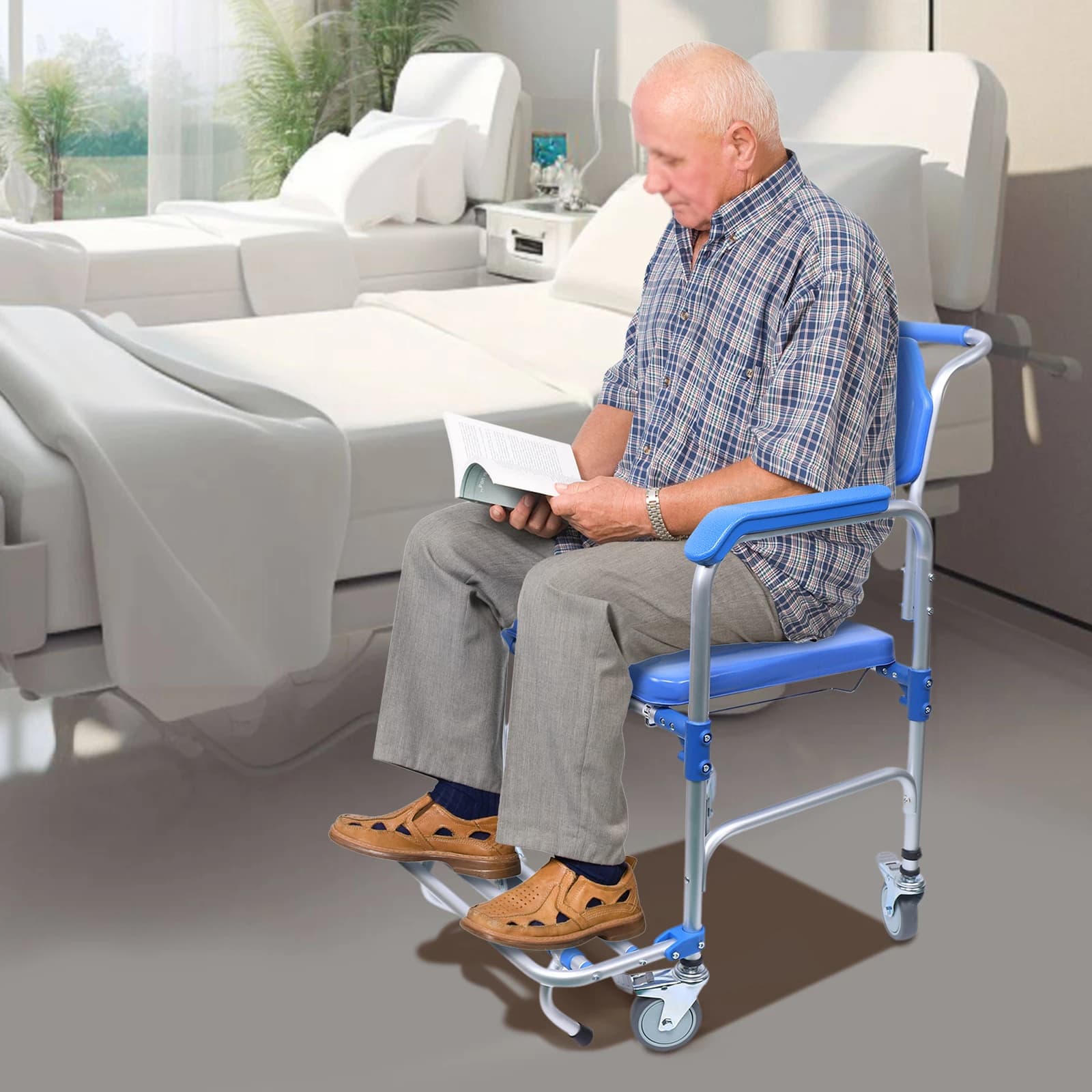 Sedia da toilette pieghevole da 350 libbre, WC con rotelle accanto al sedile della doccia con poggiapiedi + vasino rimovibile per disabili anziani disabili