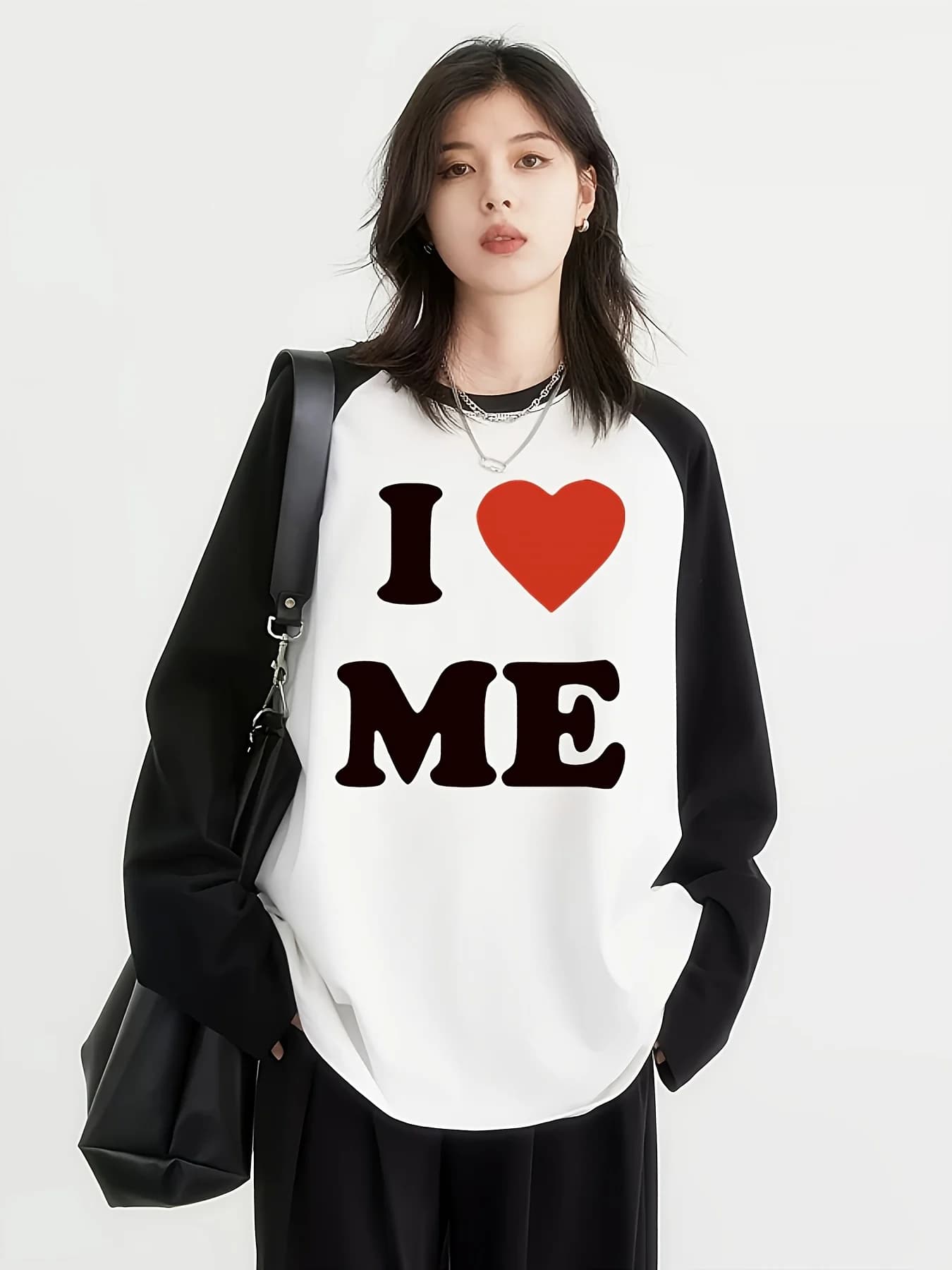 Y2K Women Loose Long Sleeve T Shirt Black White I Love Myself Letter Print Tops Casual Streetwear Spring Autumn Female Top Tee