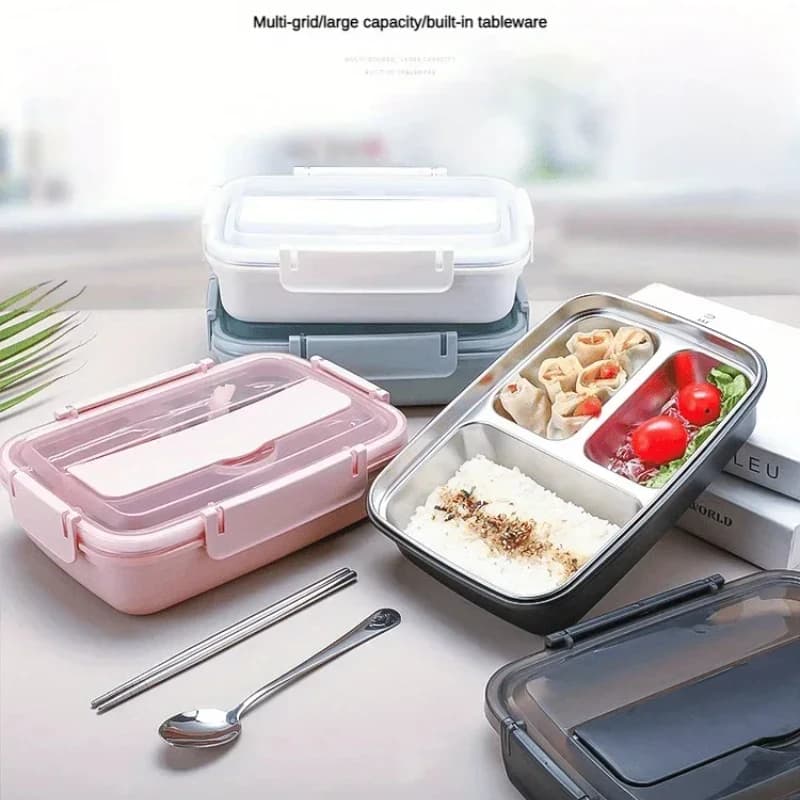 2 contenitori per il pranzo in acciaio inossidabile a tenuta stagna, con 3 scomparti, resistenti e facili da pulire, per studenti e impiegati.