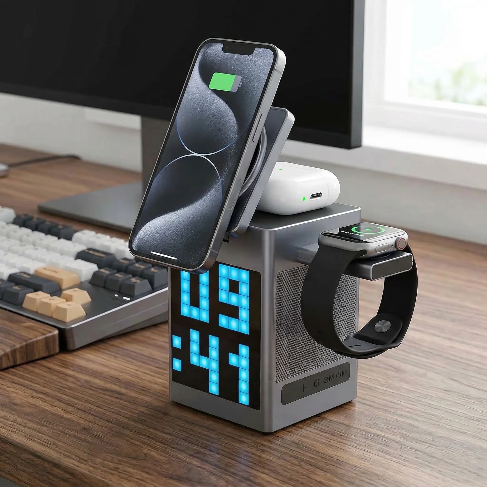 Caricatore Wireless Magnetico con Orologio RGB Pixel e Altoparlante, Stazione di Ricarica Multifunzione 6-in-1 con Ricarica Rapida 15W, Premium Bui
