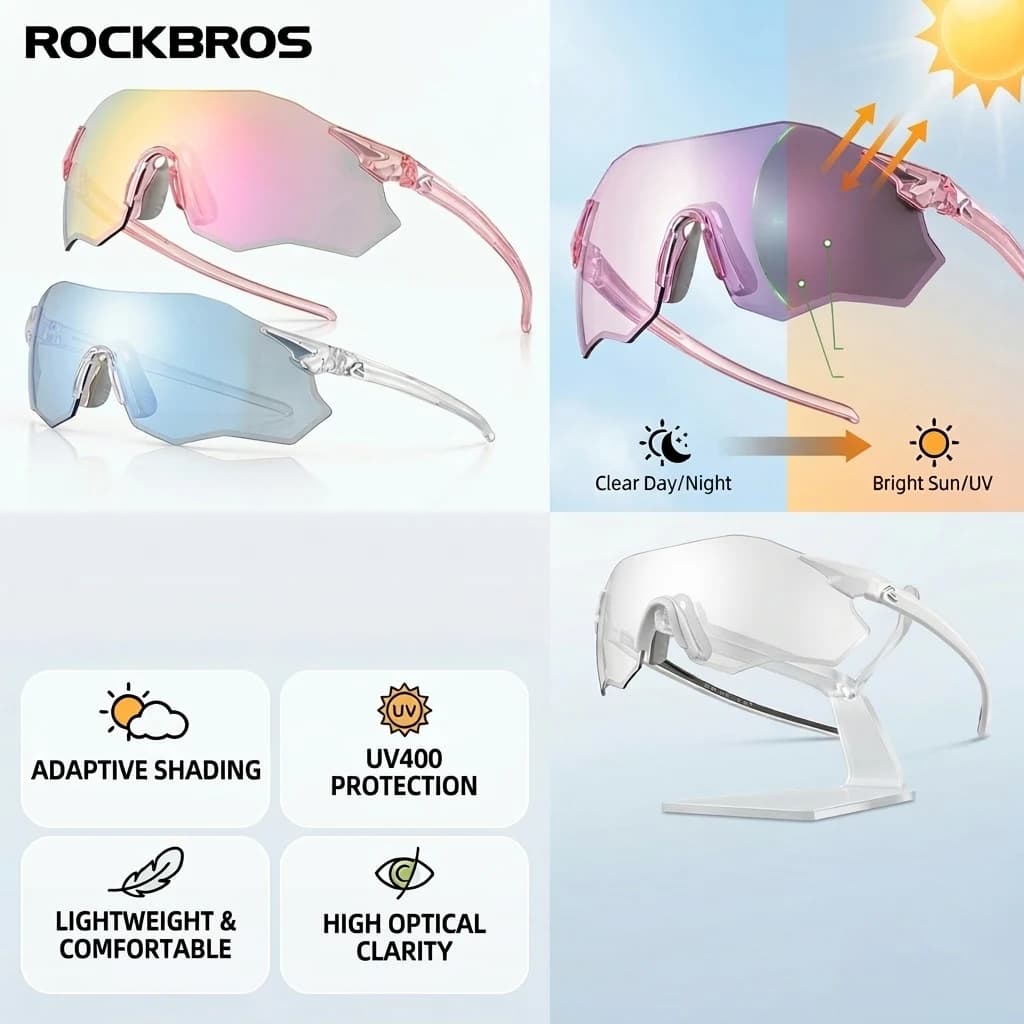 Occhiali da Ciclismo ROCKBROS Fotocromatici/Polarizzati, Protezione UV, Antivento, per Uomo e Donna, per Ciclismo su Strada e Sport