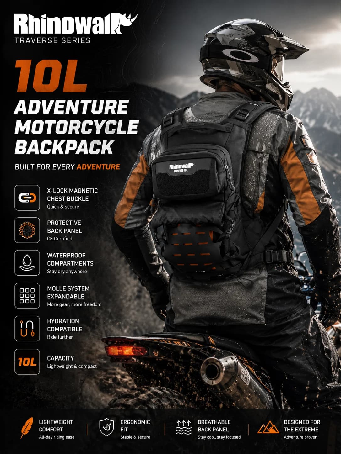 Rhinowalk Traverse 10L Motorcycle Riding Backpack, Waterproof ADV Travel Pack with MOLLE System Hydration Sleeve Back Protection