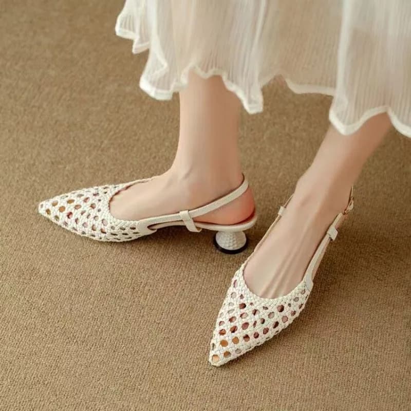 Pointed Toe Woven Hollow Temperament Small Heel Breathable Rear Empty High Heels Baotou One-word Strap with Skirt New Sandals